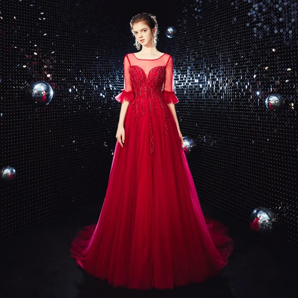 Élégant Bordeaux Transparentes Robe De Soirée 2020 Princesse Encolure Carrée 1/2 Manches Appliques En Dentelle Perlage Train De Balayage Volants Dos Nu Robe De Ceremonie