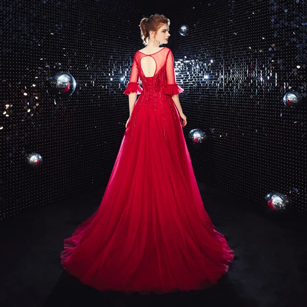 Élégant Bordeaux Transparentes Robe De Soirée 2020 Princesse Encolure Carrée 1/2 Manches Appliques En Dentelle Perlage Train De Balayage Volants Dos Nu Robe De Ceremonie