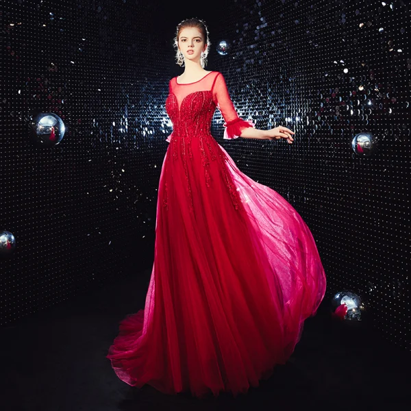Élégant Bordeaux Transparentes Robe De Soirée 2020 Princesse Encolure Carrée 1/2 Manches Appliques En Dentelle Perlage Train De Balayage Volants Dos Nu Robe De Ceremonie