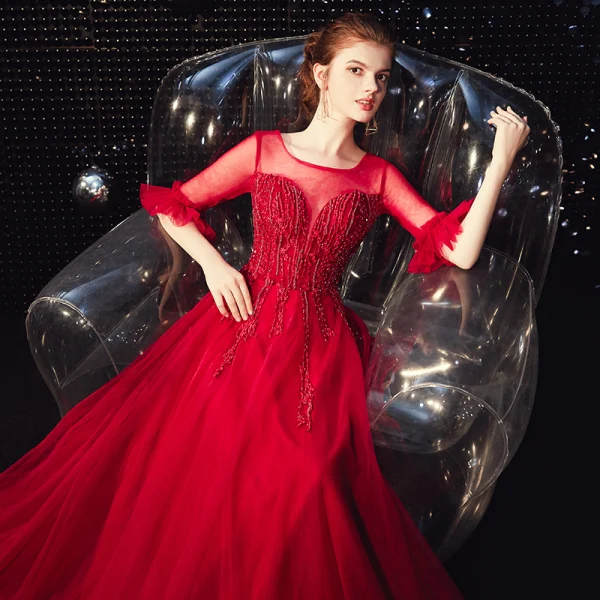 Élégant Bordeaux Transparentes Robe De Soirée 2020 Princesse Encolure Carrée 1/2 Manches Appliques En Dentelle Perlage Train De Balayage Volants Dos Nu Robe De Ceremonie