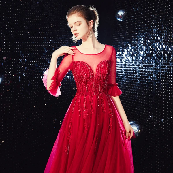 Élégant Bordeaux Transparentes Robe De Soirée 2020 Princesse Encolure Carrée 1/2 Manches Appliques En Dentelle Perlage Train De Balayage Volants Dos Nu Robe De Ceremonie