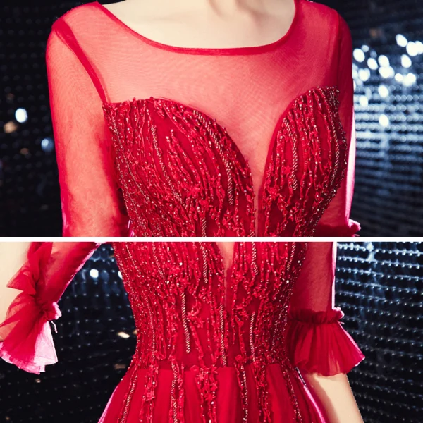 Élégant Bordeaux Transparentes Robe De Soirée 2020 Princesse Encolure Carrée 1/2 Manches Appliques En Dentelle Perlage Train De Balayage Volants Dos Nu Robe De Ceremonie