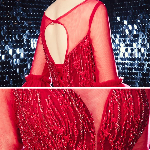 Élégant Bordeaux Transparentes Robe De Soirée 2020 Princesse Encolure Carrée 1/2 Manches Appliques En Dentelle Perlage Train De Balayage Volants Dos Nu Robe De Ceremonie