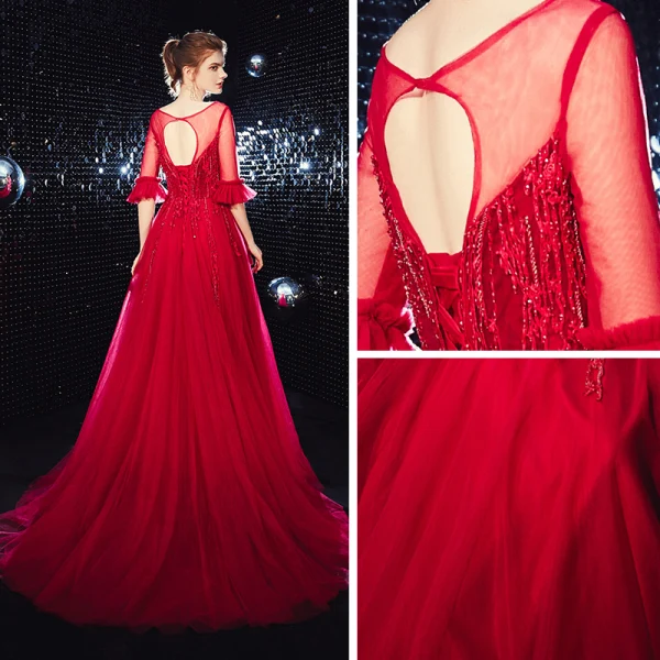 Élégant Bordeaux Transparentes Robe De Soirée 2020 Princesse Encolure Carrée 1/2 Manches Appliques En Dentelle Perlage Train De Balayage Volants Dos Nu Robe De Ceremonie
