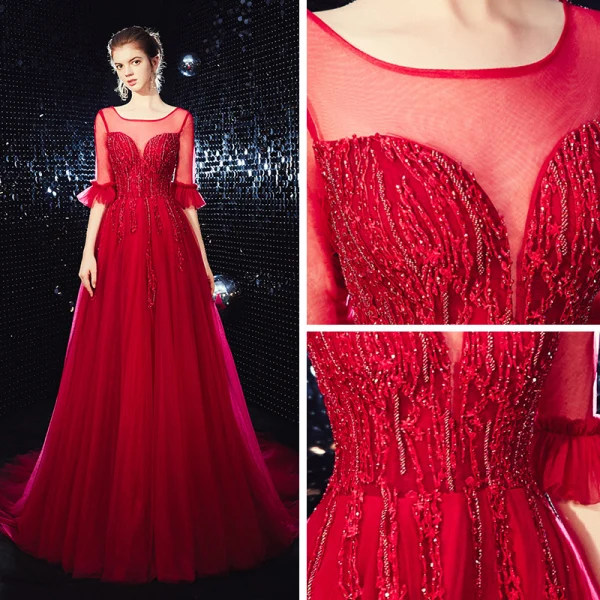 Élégant Bordeaux Transparentes Robe De Soirée 2020 Princesse Encolure Carrée 1/2 Manches Appliques En Dentelle Perlage Train De Balayage Volants Dos Nu Robe De Ceremonie
