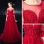 Élégant Bordeaux Transparentes Robe De Soirée 2020 Princesse Encolure Carrée 1/2 Manches Appliques En Dentelle Perlage Train De Balayage Volants Dos Nu Robe De Ceremonie