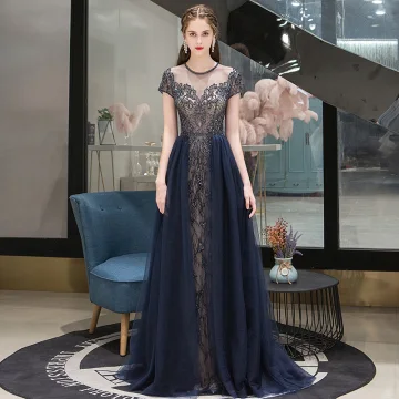 Luxury Gorgeous Illusion Navy Blue See Through Evening Dresses 2020 A Line Princess Scoop Neck Short Sleeve Handmade Beading Sweep Train Ruffle Formal Dresses