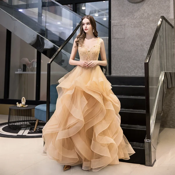 Luxury / Gorgeous Grey Prom Dresses 2020 Ball Gown V-Neck Sleeveless Sash Beading Floor-Length / Long Cascading Ruffles Backless Formal Dresses