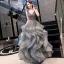 Luxury / Gorgeous Grey Prom Dresses 2020 Ball Gown V-Neck Sleeveless Sash Beading Floor-Length / Long Cascading Ruffles Backless Formal Dresses