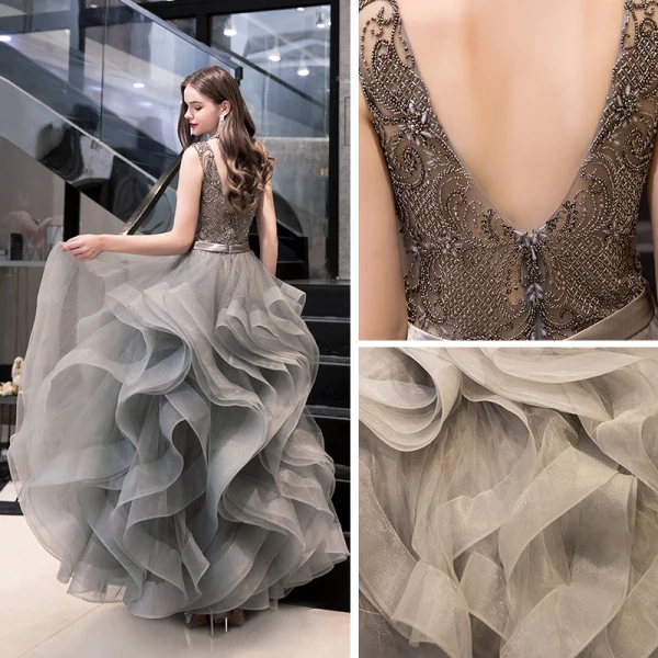 Luxury / Gorgeous Grey Prom Dresses 2020 Ball Gown V-Neck Sleeveless Sash Beading Floor-Length / Long Cascading Ruffles Backless Formal Dresses