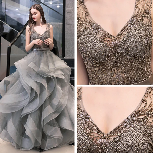 Luxury / Gorgeous Grey Prom Dresses 2020 Ball Gown V-Neck Sleeveless Sash Beading Floor-Length / Long Cascading Ruffles Backless Formal Dresses