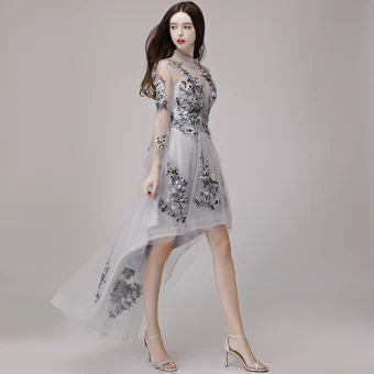 High Low Grey See Through Summer Cocktail Dresses 2018 A Line Princess High Neck Long Sleeve Appliques Lace Asymmetrical Ruffle Formal Dresses