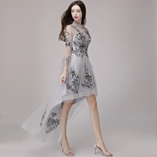High Low Grey See-through Summer Cocktail Dresses 2018 A-Line / Princess High Neck Long Sleeve Appliques Lace Asymmetrical Ruffle Formal Dresses