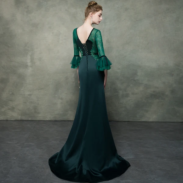 Élégant Vert Foncé Transparentes Robe De Soirée 2019 Trompette / Sirène V-Cou Manches de cloche Faux Diamant Perlage Ceinture Train De Balayage Volants Dos Nu Robe De Ceremonie