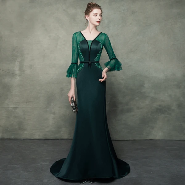 Élégant Vert Foncé Transparentes Robe De Soirée 2019 Trompette / Sirène V-Cou Manches de cloche Faux Diamant Perlage Ceinture Train De Balayage Volants Dos Nu Robe De Ceremonie