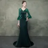 Elegant Dark Green See-through Evening Dresses  2019 Trumpet / Mermaid V-Neck Bell sleeves Rhinestone Beading Sash Sweep Train Ruffle Backless Formal Dresses