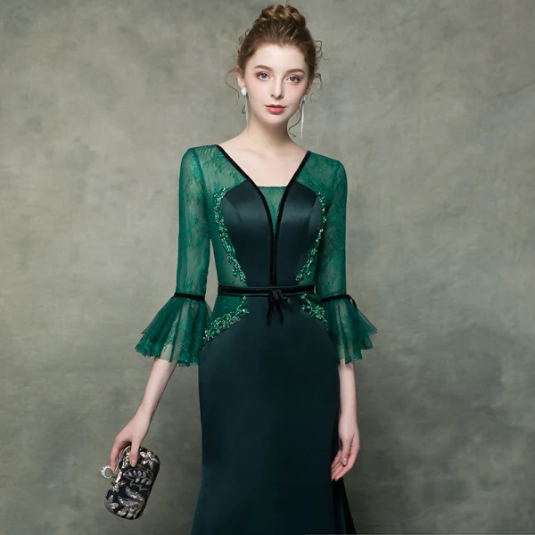 Élégant Vert Foncé Transparentes Robe De Soirée 2019 Trompette / Sirène V-Cou Manches de cloche Faux Diamant Perlage Ceinture Train De Balayage Volants Dos Nu Robe De Ceremonie