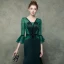 Élégant Vert Foncé Transparentes Robe De Soirée 2019 Trompette / Sirène V-Cou Manches de cloche Faux Diamant Perlage Ceinture Train De Balayage Volants Dos Nu Robe De Ceremonie