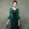 Elegant Dark Green See-through Evening Dresses  2019 Trumpet / Mermaid V-Neck Bell sleeves Rhinestone Beading Sash Sweep Train Ruffle Backless Formal Dresses