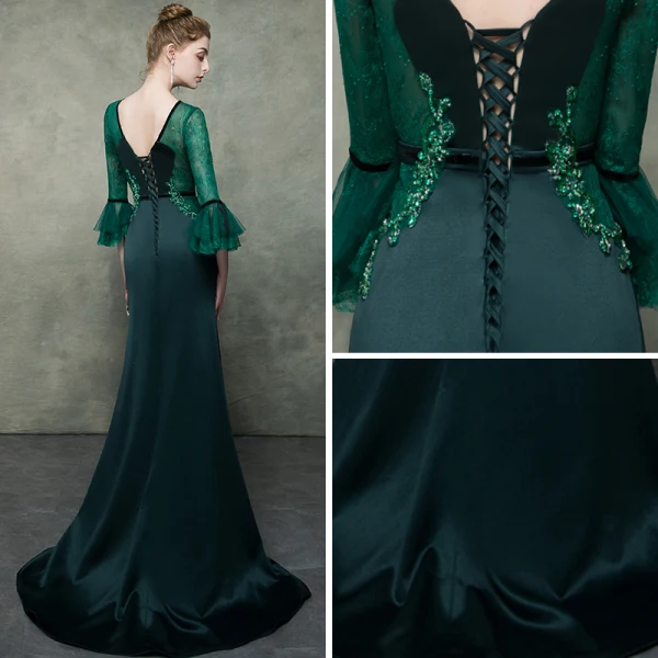 Élégant Vert Foncé Transparentes Robe De Soirée 2019 Trompette / Sirène V-Cou Manches de cloche Faux Diamant Perlage Ceinture Train De Balayage Volants Dos Nu Robe De Ceremonie