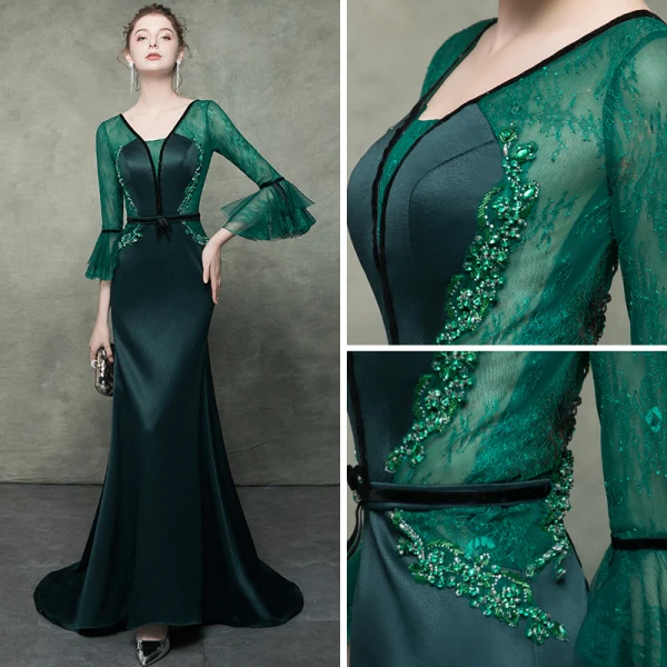 Élégant Vert Foncé Transparentes Robe De Soirée 2019 Trompette / Sirène V-Cou Manches de cloche Faux Diamant Perlage Ceinture Train De Balayage Volants Dos Nu Robe De Ceremonie