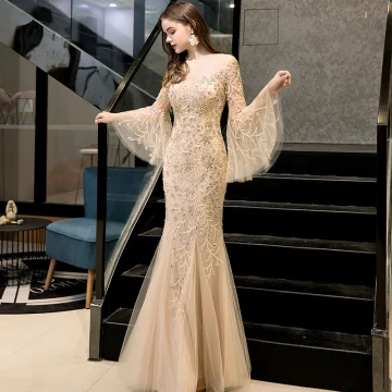 Haut De Gamme Doré Transparentes Robe De Soirée 2020 Trompette Sirène Encolure Carrée Manches Longues Manches De Cloche Fait Main Perlage Longue Volants Robe De Ceremonie