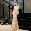 High-end Gold See-through Evening Dresses  2020 Trumpet / Mermaid Square Neckline Long Sleeve Bell sleeves Handmade  Beading Floor-Length / Long Ruffle Formal Dresses