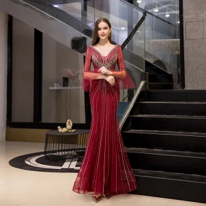 High End Burgundy Evening Dresses 2020 Trumpet Mermaid Deep V Neck 3 4 Sleeve Bell Sleeves Handmade Beading Floor Length Long Ruffle Backless Formal Dresses