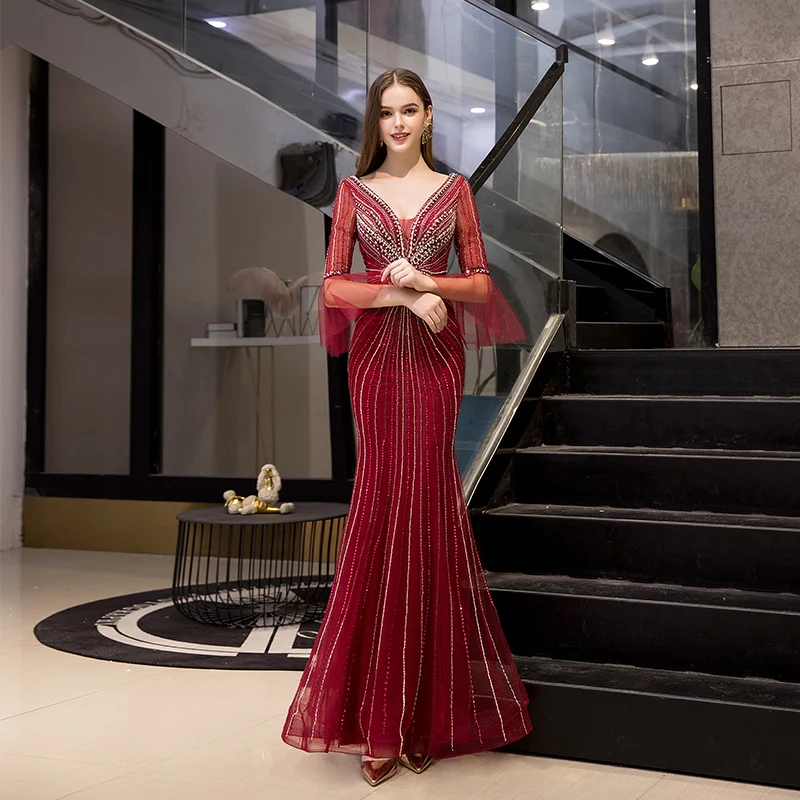 princess polly baby blue dress High End Burgundy Evening Dresses 2020 Trumpet Mermaid Deep V Neck 3 4  Sleeve Bell Sleeves Handmade Beading Floor Length Long Ruffle Backless  Formal Dresses