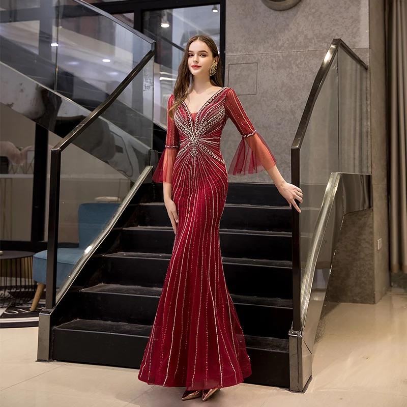 deep burgundy formal dress Champagne Satin Evening Dress Fit Flare Long Sleeve Party Formal Dress main image 1