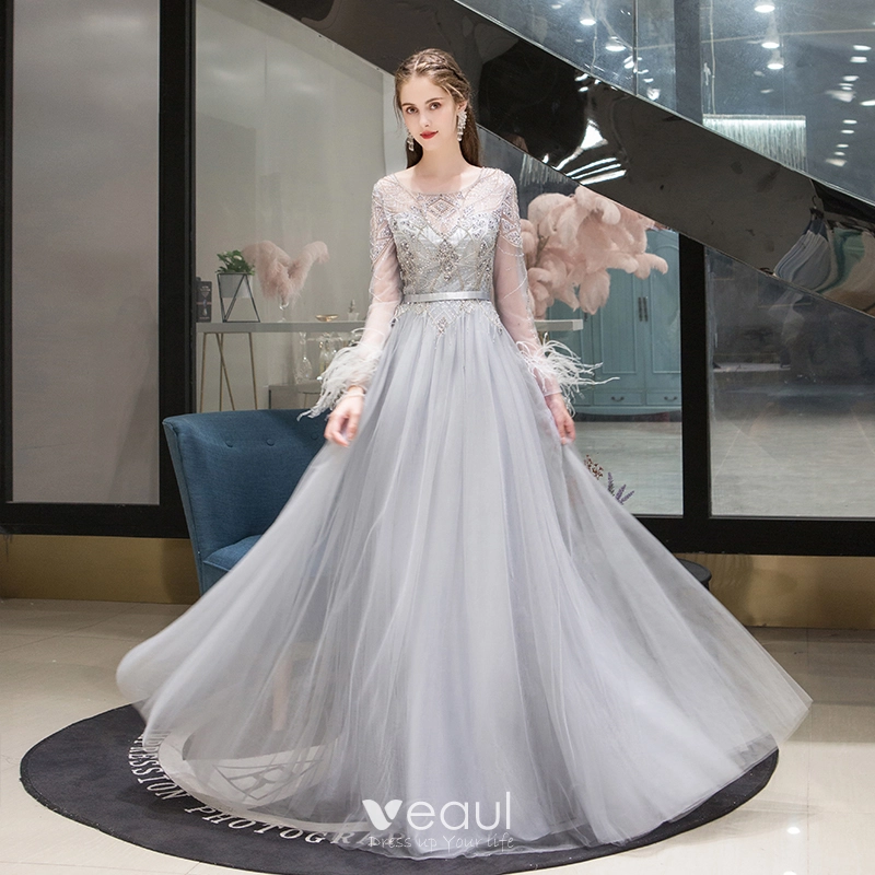 High end Grey See through Evening Dresses 2020 A Line Princess Scoop Neck Long Sleeve Feather Beading Floor Length Long Ruffle Formal Dresses