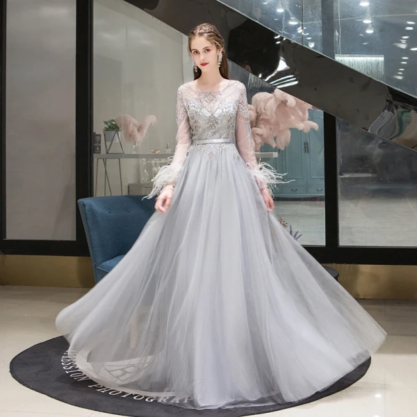 slim fit dress slacks A-line Grey Tulle Lace Appliqued Long Sleeves Wedding Dresses Quincean –  SheerGirl main image 1