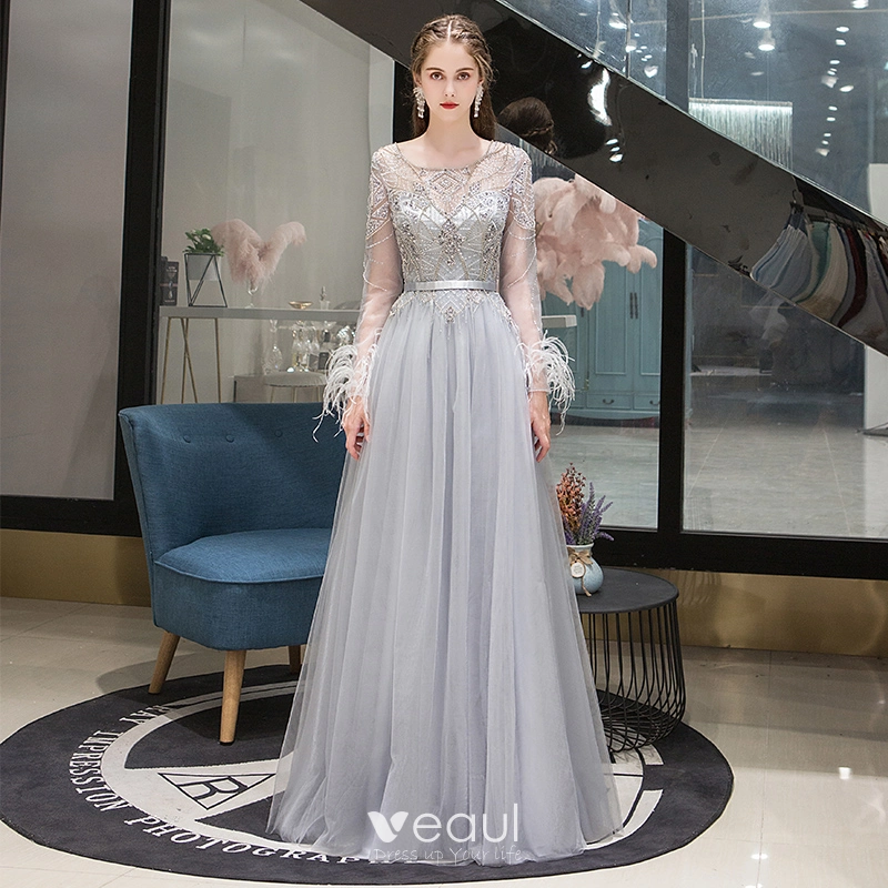 High end Grey See through Evening Dresses 2020 A Line Princess Scoop Neck Long Sleeve Feather Beading Floor Length Long Ruffle Formal Dresses