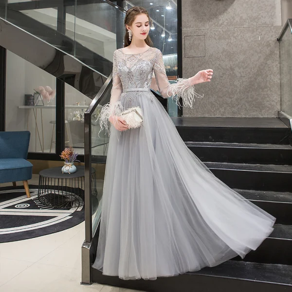 High-end Grey See-through Evening Dresses 2020 A-Line / Princess Scoop Neck Long Sleeve Feather Beading Floor-Length / Long Ruffle Formal Dresses High-end Grey See-through Evening Dresses 2020 A-Line / Princess Scoop Neck Long Sleeve Feather Beading Floor-Length / Long Ruffle Formal Dresses