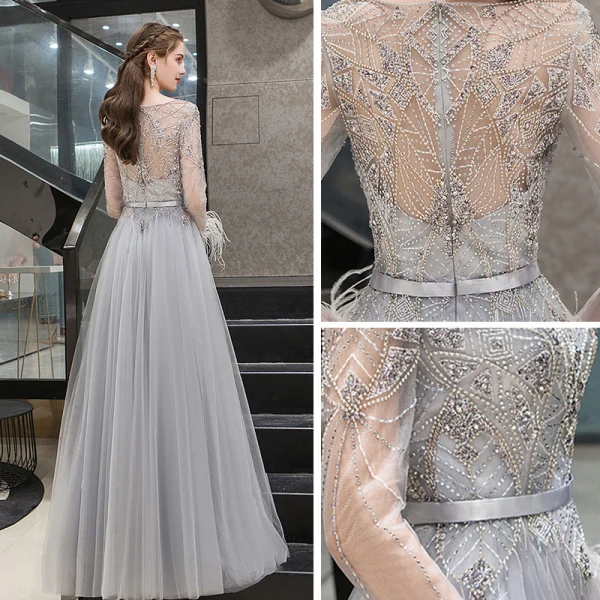 Haut de Gamme Gris Transparentes Robe De Soirée 2020 Princesse Encolure Dégagée Manches Longues Plumes Perlage Longue Volants Robe De Ceremonie