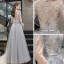 Haut de Gamme Gris Transparentes Robe De Soirée 2020 Princesse Encolure Dégagée Manches Longues Plumes Perlage Longue Volants Robe De Ceremonie