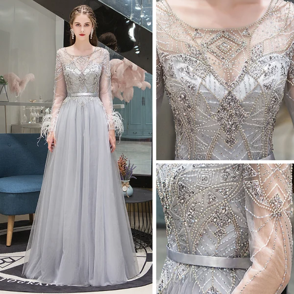 Haut de Gamme Gris Transparentes Robe De Soirée 2020 Princesse Encolure Dégagée Manches Longues Plumes Perlage Longue Volants Robe De Ceremonie