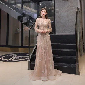 Haut De Gamme Doré Transparentes Robe De Soirée 2020 Princesse Encolure Dégagée Gonflée Manches Longues Étoile Perlage Faux Diamant Train De Balayage Volants Robe De Ceremonie
