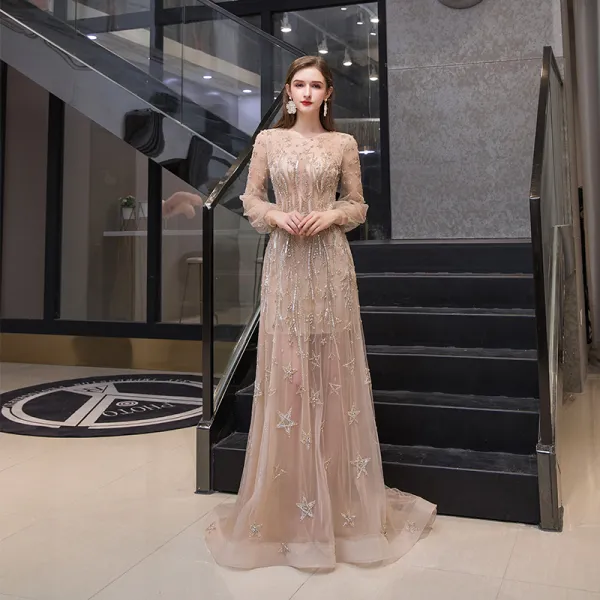 High-end Gold See-through Evening Dresses  2020 A-Line / Princess Scoop Neck Puffy Long Sleeve Star Beading Rhinestone Sweep Train Ruffle Formal Dresses
