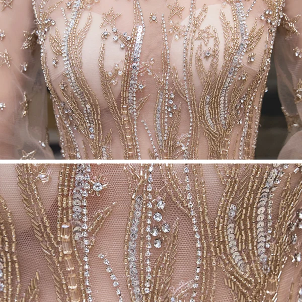 Haut de Gamme Doré Transparentes Robe De Soirée 2020 Princesse Encolure Dégagée Gonflée Manches Longues Étoile Perlage Faux Diamant Train De Balayage Volants Robe De Ceremonie