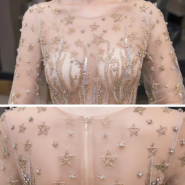 Haut de Gamme Doré Transparentes Robe De Soirée 2020 Princesse Encolure Dégagée Gonflée Manches Longues Étoile Perlage Faux Diamant Train De Balayage Volants Robe De Ceremonie