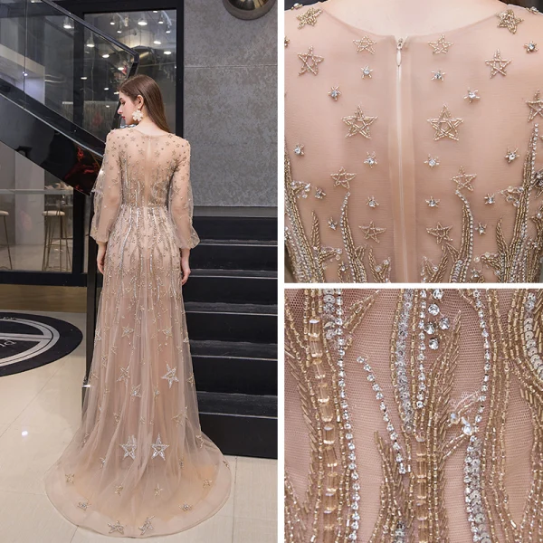 Haut de Gamme Doré Transparentes Robe De Soirée 2020 Princesse Encolure Dégagée Gonflée Manches Longues Étoile Perlage Faux Diamant Train De Balayage Volants Robe De Ceremonie