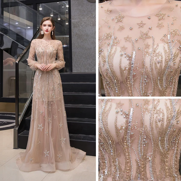 Haut de Gamme Doré Transparentes Robe De Soirée 2020 Princesse Encolure Dégagée Gonflée Manches Longues Étoile Perlage Faux Diamant Train De Balayage Volants Robe De Ceremonie