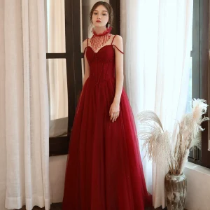 Chic Beautiful Red Evening Dresses 2020 A Line Princess Spaghetti Straps Sleeveless Beading Glitter Tulle Floor Length Long Ruffle Backless Formal Dresses
