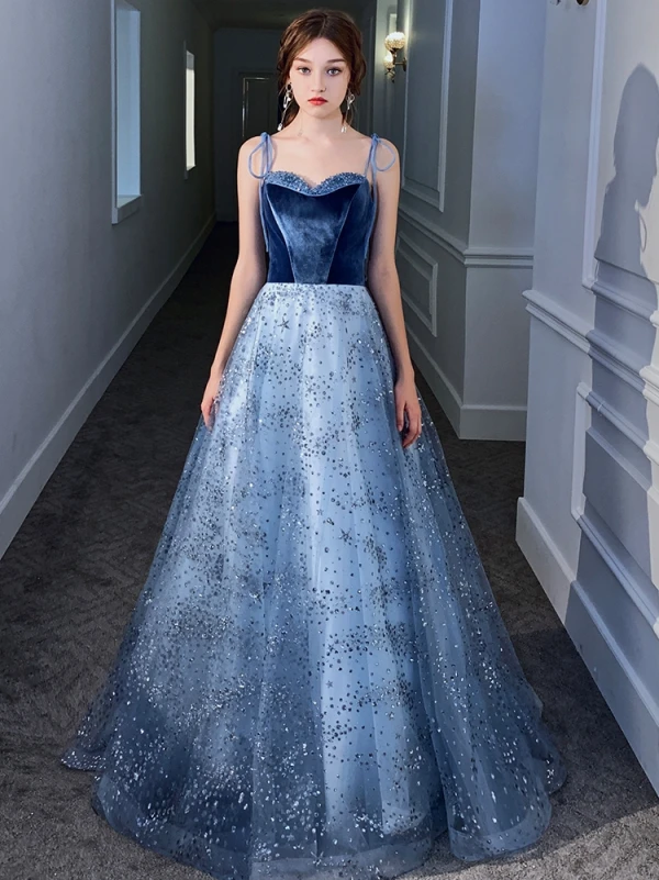 Snygga / Fina Ocean Blå Aftonklänningar 2020 Prinsessa Spaghettiband Ärmlös Beading Glittriga / Glitter Paljetter Tyll Svep Tåg Ruffle Halterneck Formella Klänningar