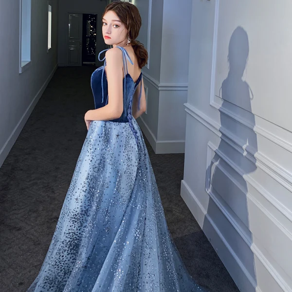 Snygga / Fina Ocean Blå Aftonklänningar 2020 Prinsessa Spaghettiband Ärmlös Beading Glittriga / Glitter Paljetter Tyll Svep Tåg Ruffle Halterneck Formella Klänningar