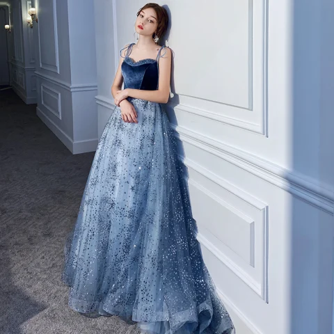 Chic / Beautiful Ocean Blue Evening Dresses  2020 A-Line / Princess Spaghetti Straps Sleeveless Beading Glitter Sequins Tulle Sweep Train Ruffle Backless Formal Dresses