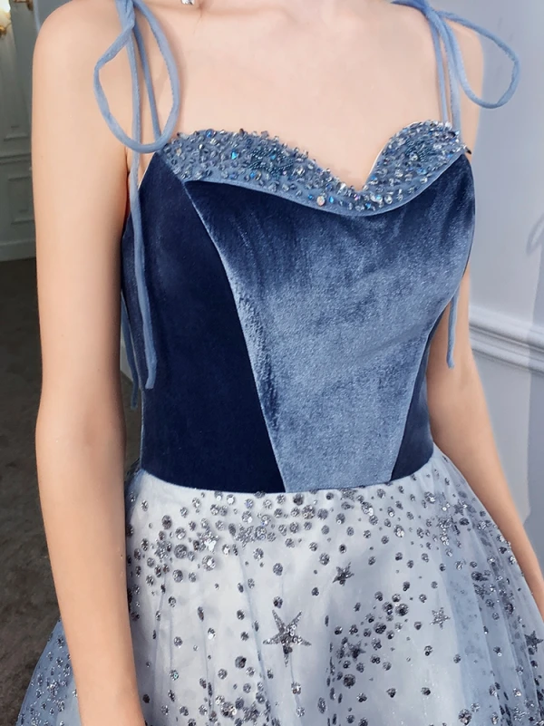 Snygga / Fina Ocean Blå Aftonklänningar 2020 Prinsessa Spaghettiband Ärmlös Beading Glittriga / Glitter Paljetter Tyll Svep Tåg Ruffle Halterneck Formella Klänningar