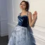 Snygga / Fina Ocean Blå Aftonklänningar 2020 Prinsessa Spaghettiband Ärmlös Beading Glittriga / Glitter Paljetter Tyll Svep Tåg Ruffle Halterneck Formella Klänningar