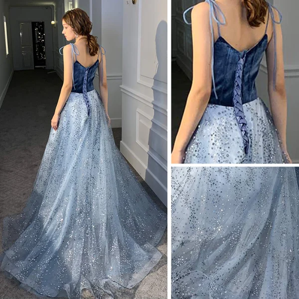 Snygga / Fina Ocean Blå Aftonklänningar 2020 Prinsessa Spaghettiband Ärmlös Beading Glittriga / Glitter Paljetter Tyll Svep Tåg Ruffle Halterneck Formella Klänningar